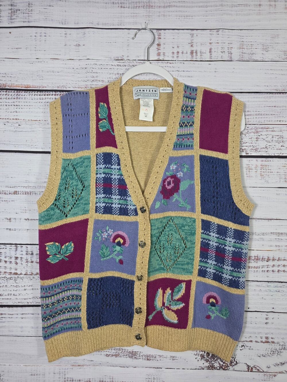 VTG Jantzen Classics Embroidered Patchwork Knit sweater Vest Womens Medium